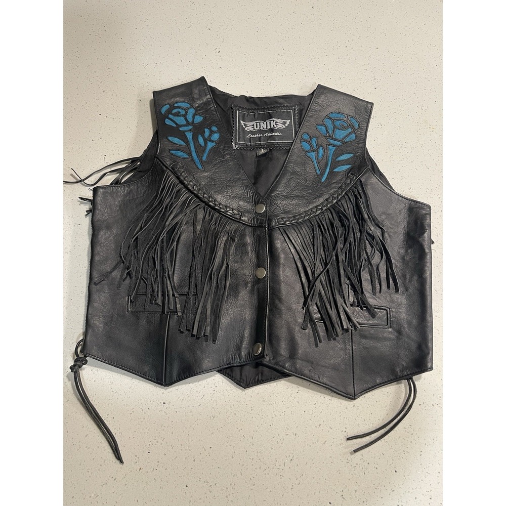 Vintage UNIK Women's Black Fringed Leather Vest Size Large